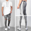 Men Jeans Fashion Streetwear Skinny Ripped Side Taped Jeans