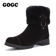 Genuine Leather Women Fur Wool Mid Calf Boots