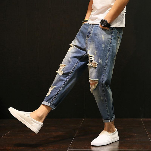 Brand Fashion Men Slim Fit Zipper Hip hop Holes Jeans