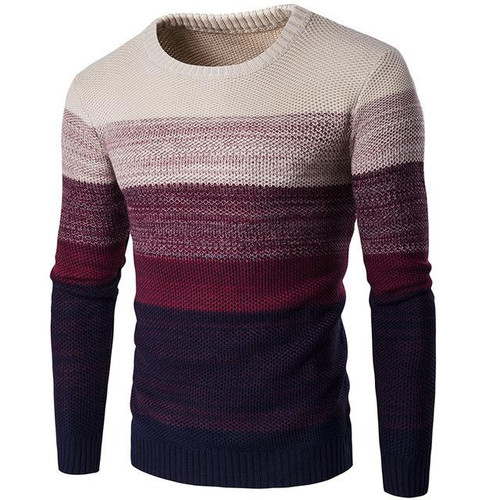 Men Sweater Fashion Brand O-Neck Striped Slim Patchwork Sweater