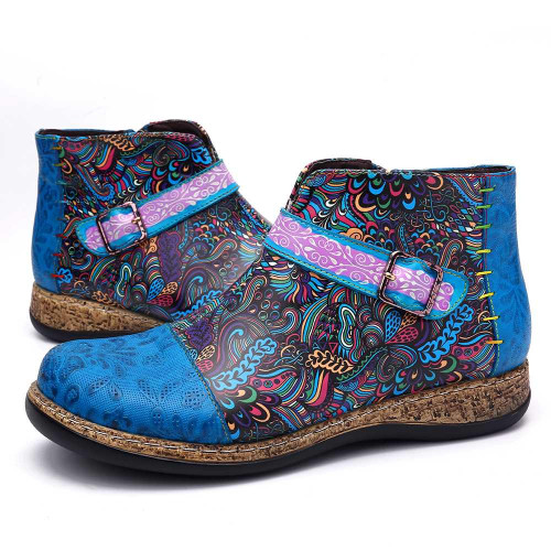 Women Folkways Pattern Genuine Leather Splicing Ankle Boots