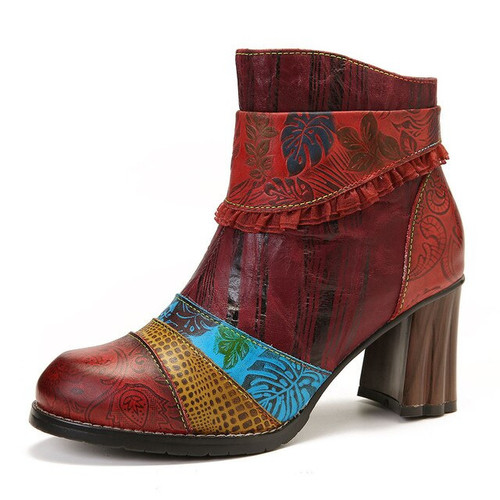 Women Retro Embossed Pattern Genuine Leather High Heel Ankle Boots