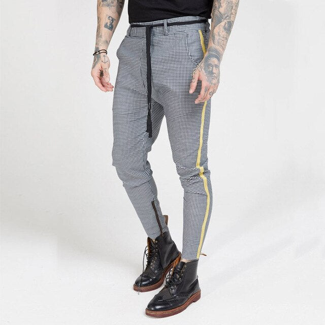 Men Fashion Plaid Pants Hip Hop Streetwear Skinny Chino Joggers