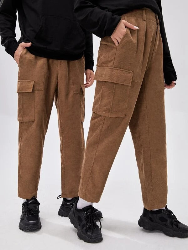 Men 1pc Flap Pocket Side Corduroy Pants