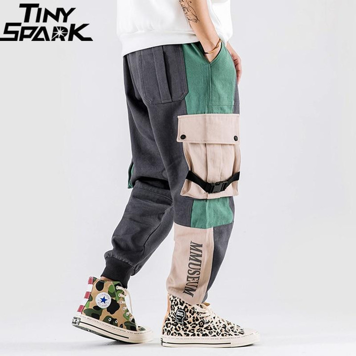 Men Hip Hip Sweatpants Streetwear Color Block Patchwork Side Pocket Ribbon Cargo Pants