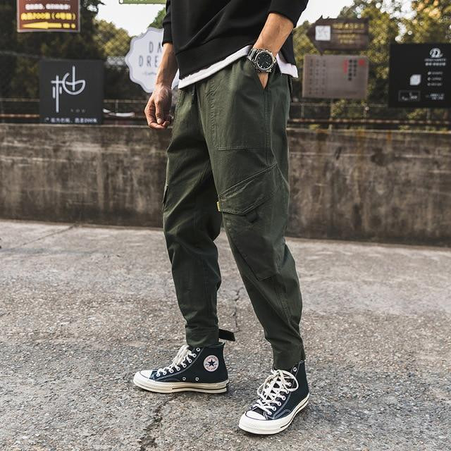 Men Cargo Pants Mid Cotton Hip Hop Drawsring Pockets Full Length Pants