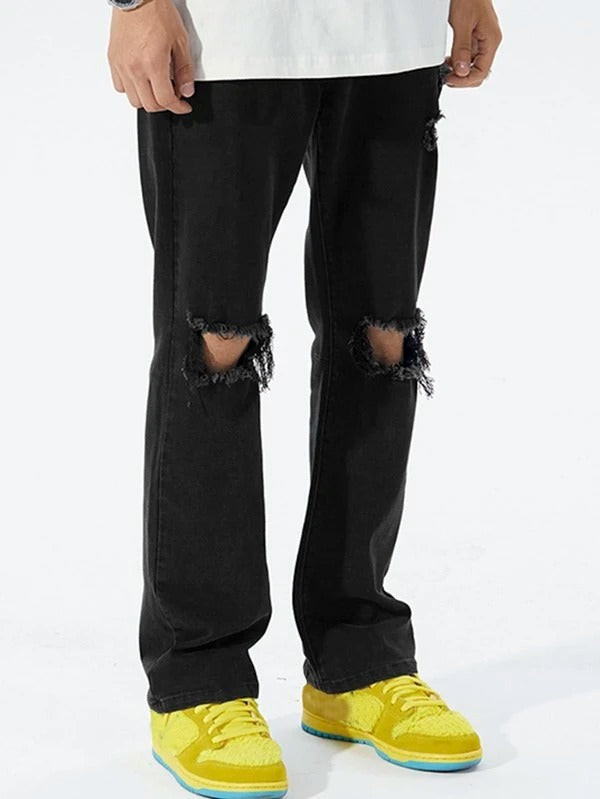 Men Cut Out Ripped Frayed Straight Leg Jeans