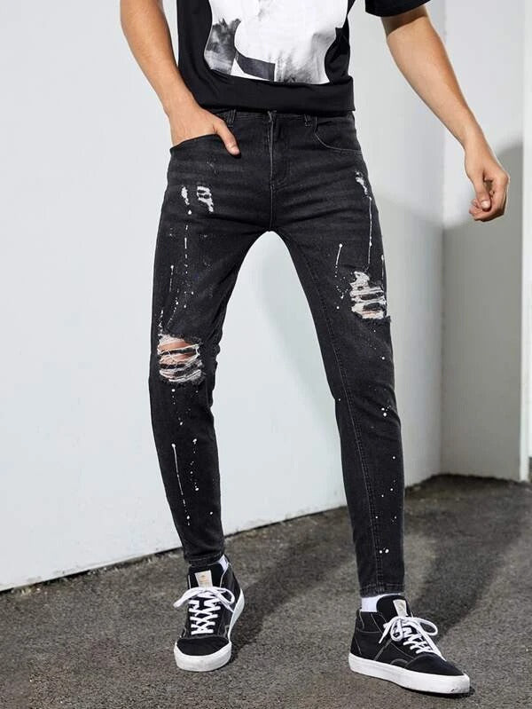 Men Paint Splatter Pattern Ripped Jeans