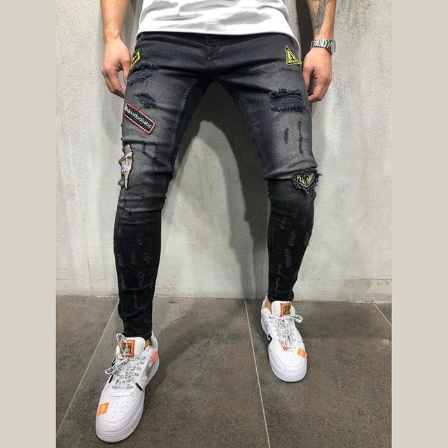 Hot Selling Men Fashion Ripped Hole Slim Patchwork Jeans
