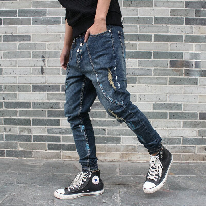 Men Fashion Ripped Casual Patchwork Slim Joggers Jeans