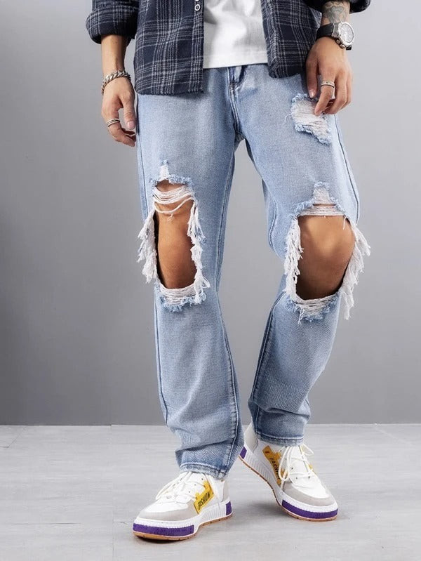 Men Cut Out Ripped Frayed Straight Leg Jeans