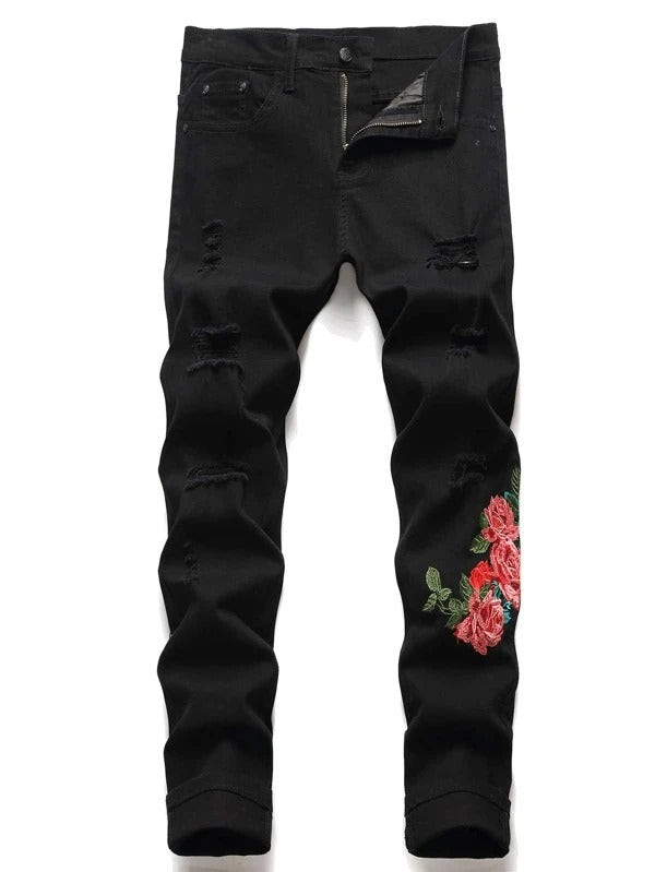 Men Floral Embroidery Ripped Skinny Jeans