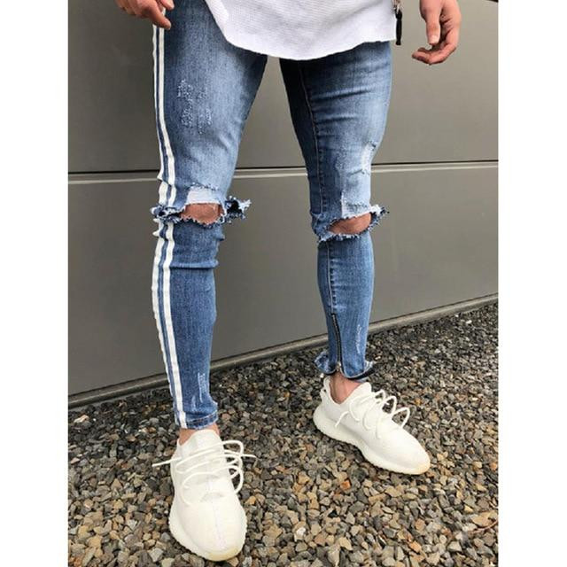Men Jeans Stretchy Ripped Skinny Biker Side Striped Jeans Destroyed Hole Taped Slim Fit