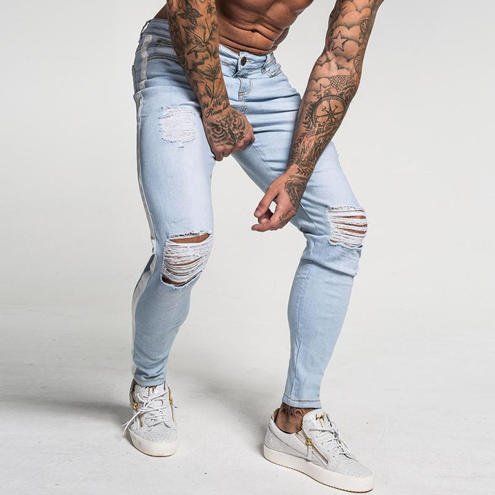 Men Skinny Jeans Distressed Stretch Ripped Slim Fit Tape Design