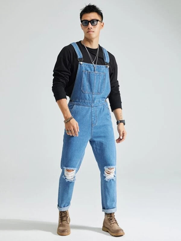 Men Ripped Pocket Front Denim Overalls Without Pullover