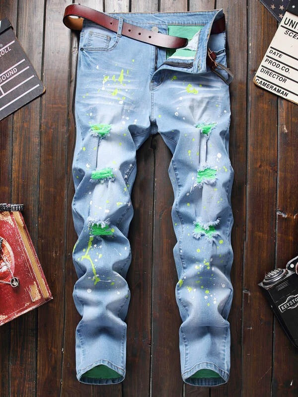 Men Splatter Print Ripped Jeans Without Belt