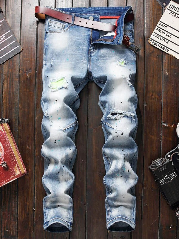 Men Washed Ripped Zipper Fly Jeans
