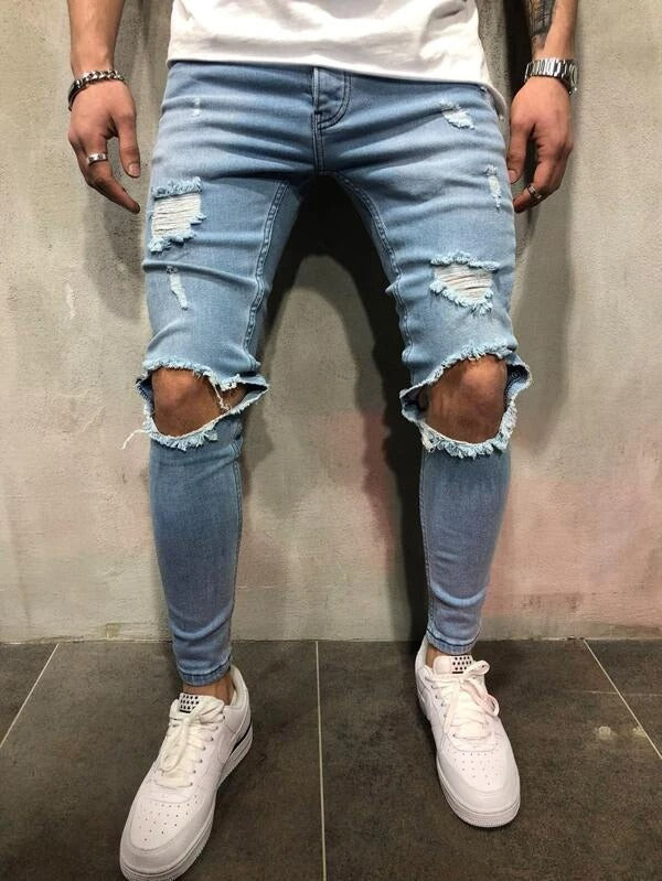 Men Ripped Cut Out Skinny Jeans