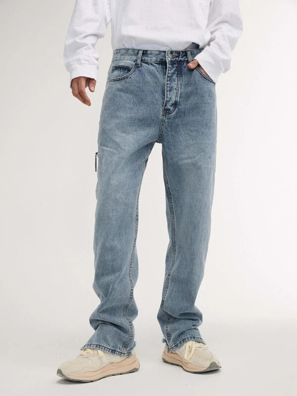 Men Zipper Detail Split Raw Hem Jeans