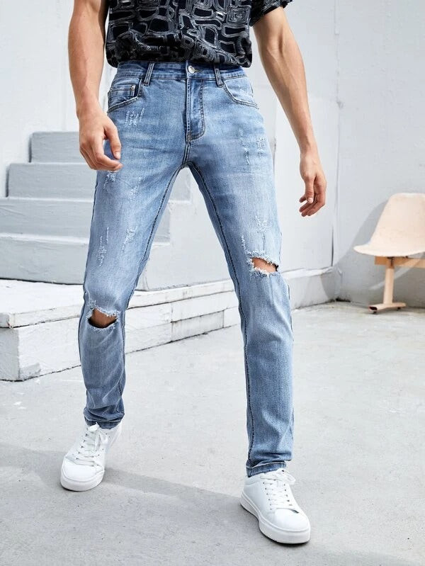 Men Cat Whisker Ripped Washed Jeans