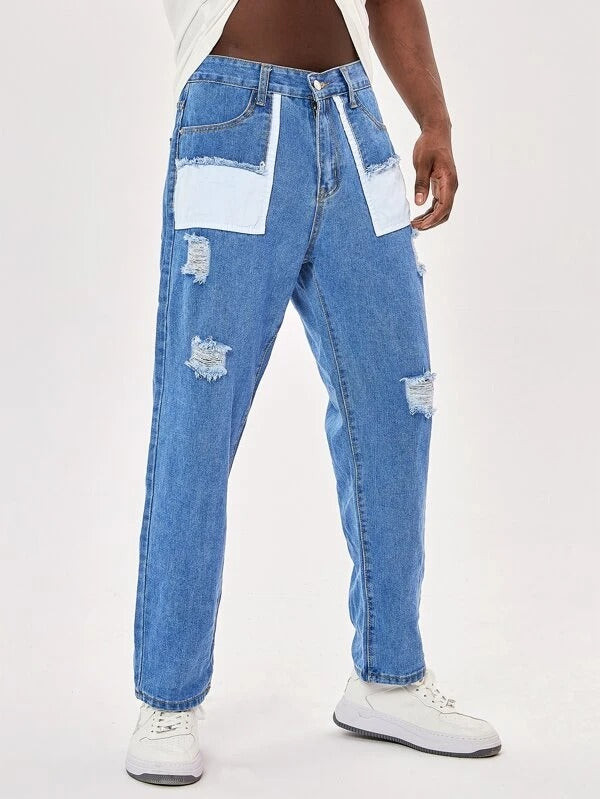 Men Patched Ripped Tapered Jeans
