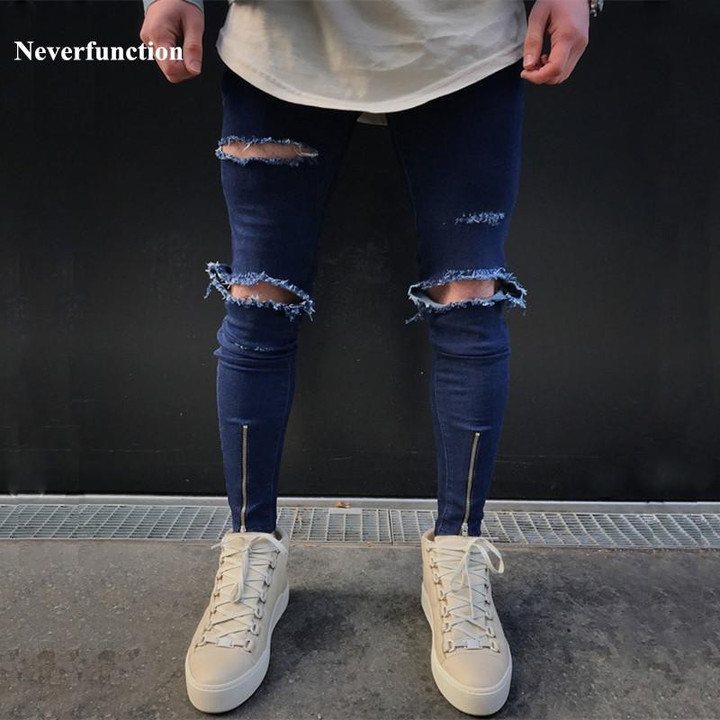 Cool Fashion Men Stretch Knee Destroyed Ripped Jeans Fashion Ankle Zipper Hip Hop Style
