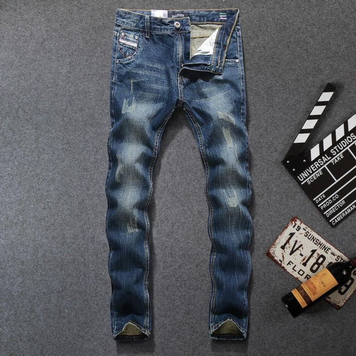Basic Classical Men Jeans Straight Fit Cotton Ripped Jeans Italian Designer