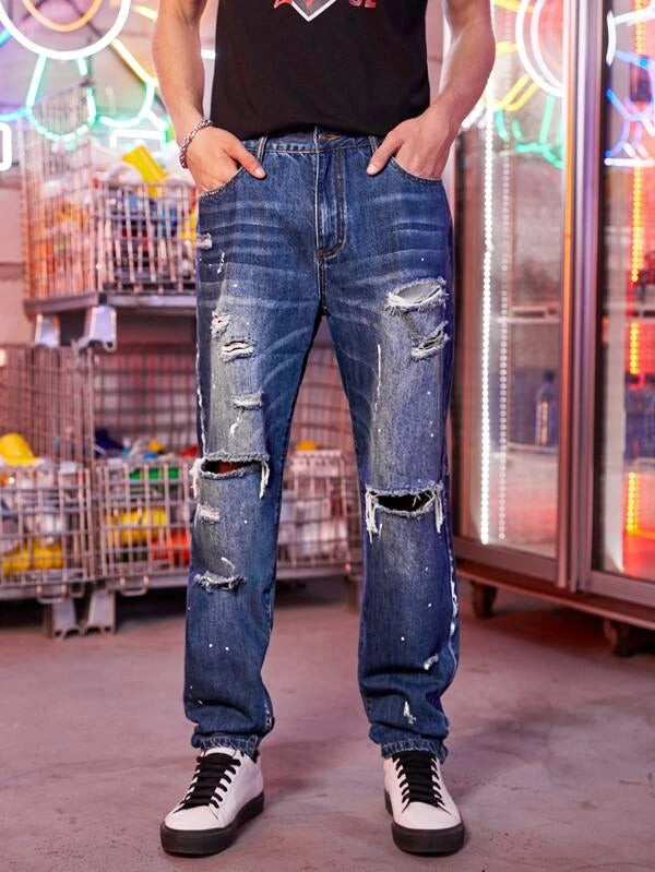 Men Washed Ripped Cut Out Jeans