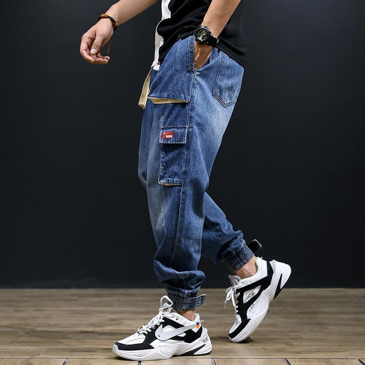 Fashion Streetwear Men Loose Fit Multi-Pockets Hip Hop Jogger Jeans