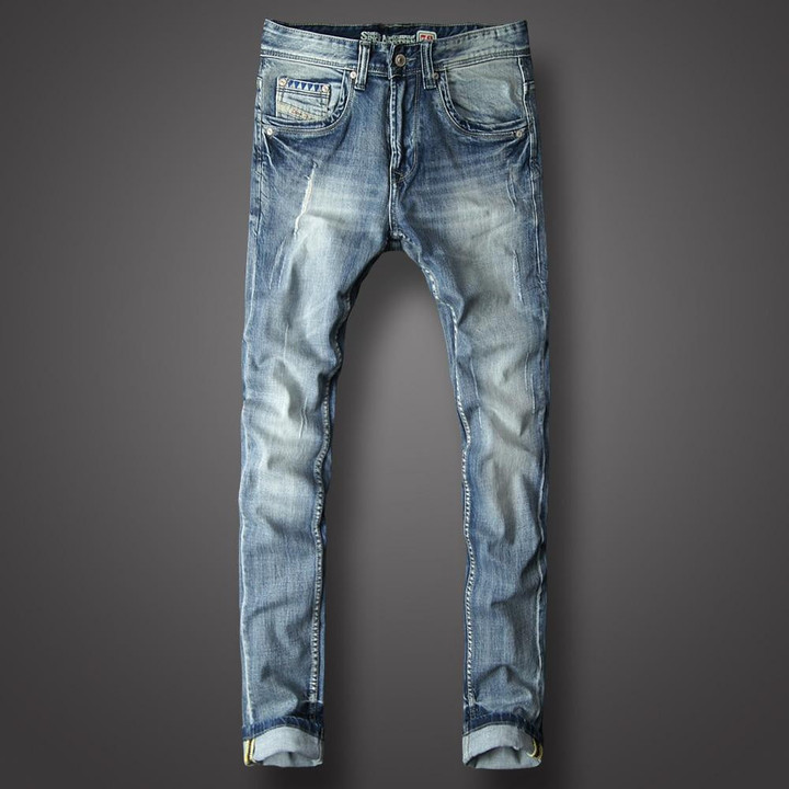 Italy Style Fashion Men Jeans Light Blue Slim Fit Destroyed Ripped Jeans