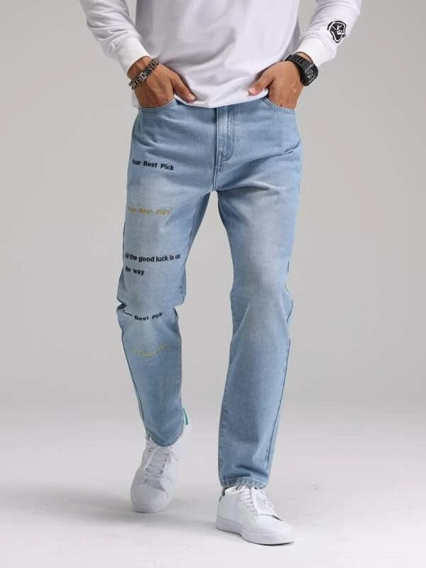 Men Slogan Graphic Straight Leg Jeans