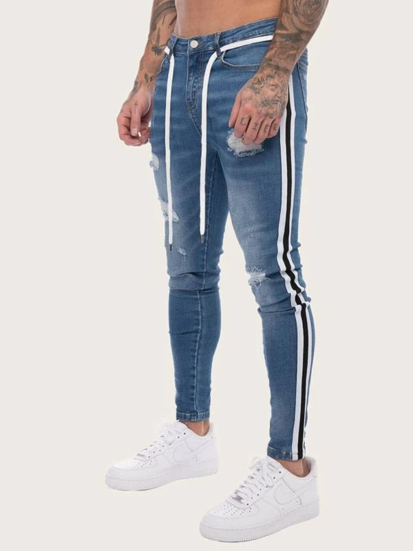 Men Side Stripe Belted Jeans