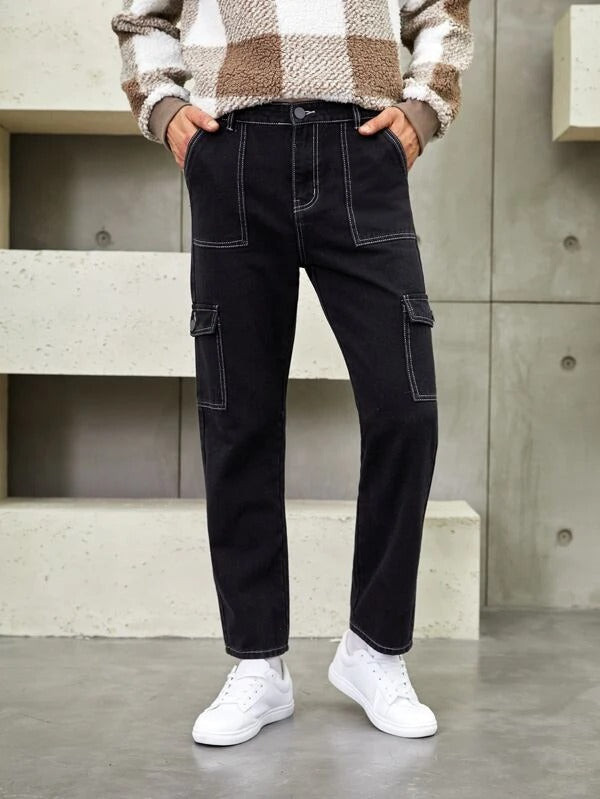 Men Top-stitching Flap Pocket Cargo Jeans