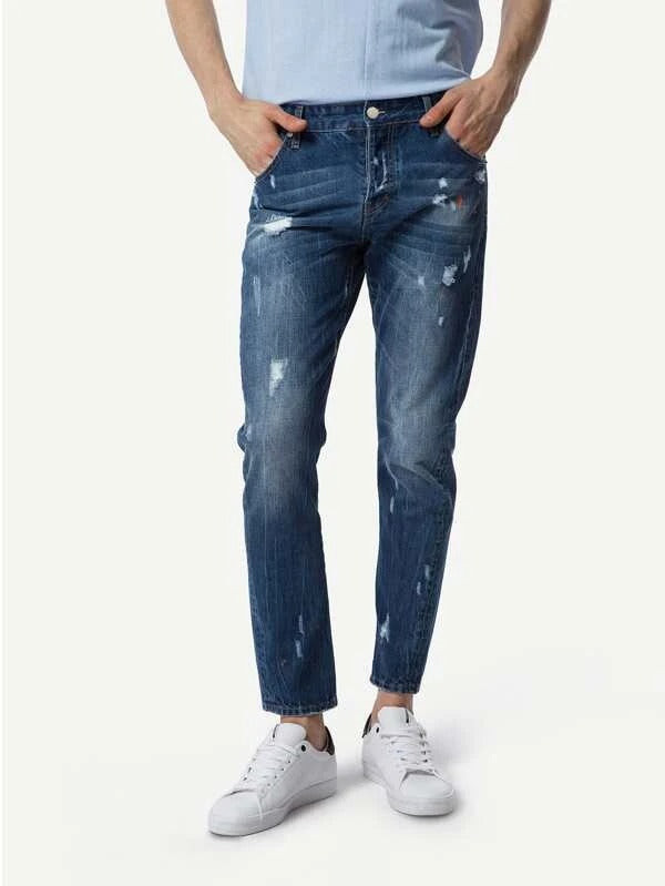 Men High Waist Ripped Tapered Jeans