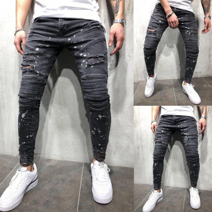 HOT Style Men Ripped Dot Printed Skinny Destroyed Frayed Slim Fit Jeans