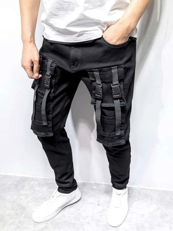 Men Ribbon Buckle Tapered Jeans