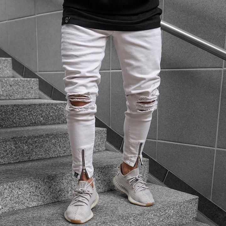 Men Jeans Street Fashion Hip Hop Hole Stretch Ripped Skinny Bottom Zipper Jeans