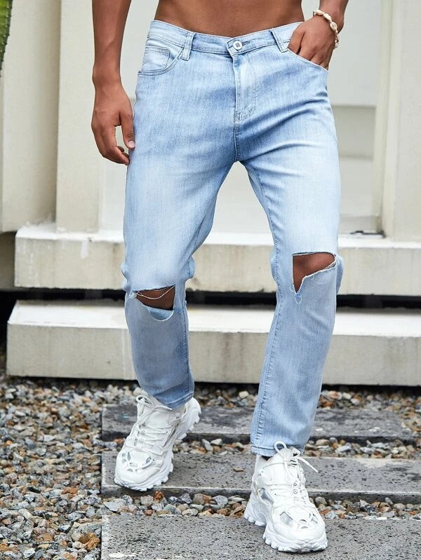 Men Ripped Light Wash Jeans
