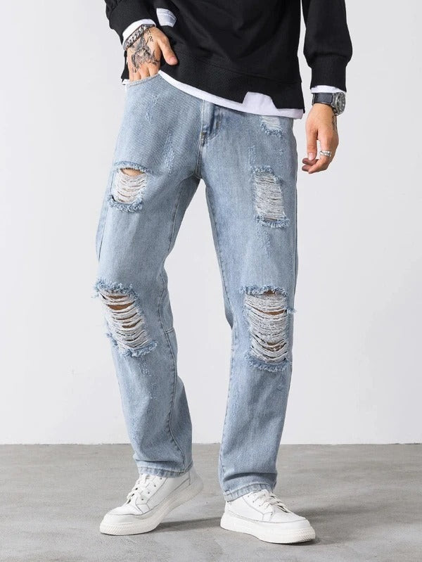 Men High Waist Ripped Jeans