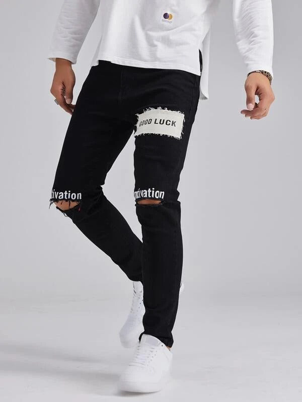 Men Slogan Patched Ripped Skinny Jeans
