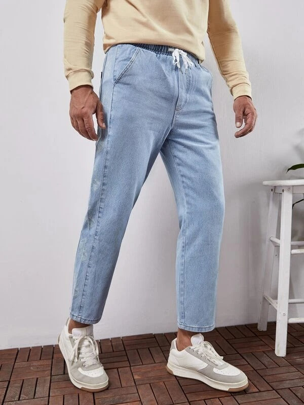 Men Solid Drawstring Crop Jeans