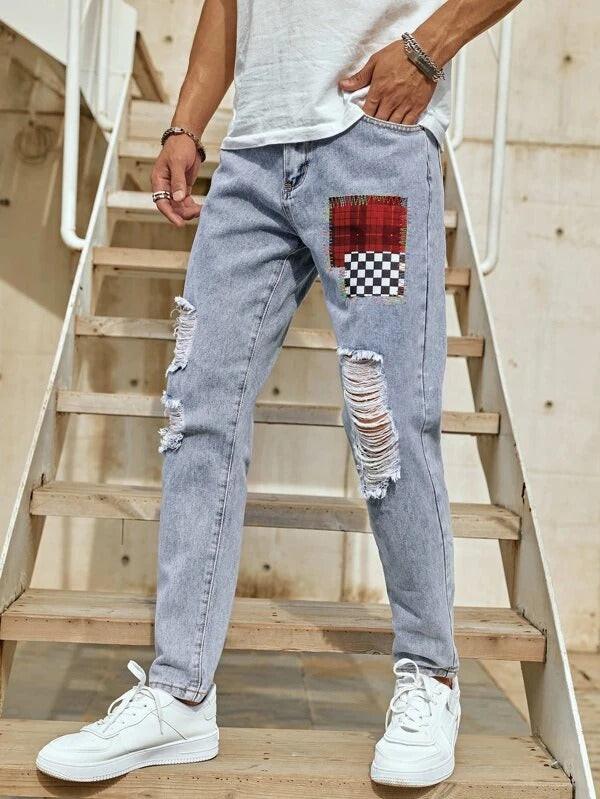 Men Plaid Patched Ripped Jeans