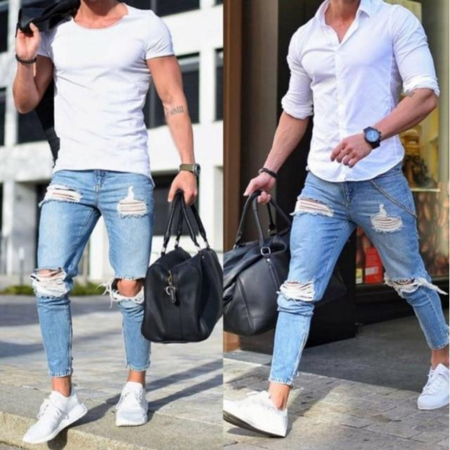 Fashion Streetwear Men Jeans Stretch Destroyed Ripped Design Fashion Pencil Skinny Jeans