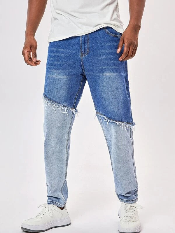 Men Colorblock Frayed Trim Jeans