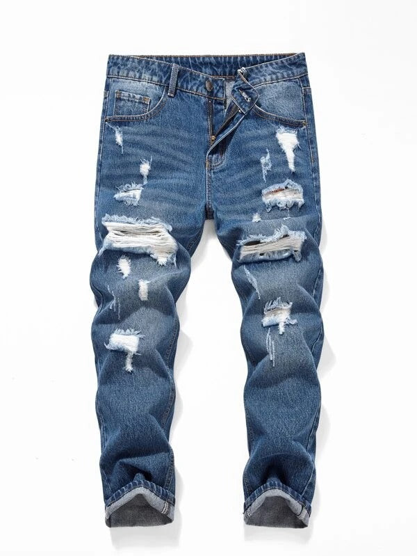Men Ripped Frayed Cat Scratch Skinny Jeans
