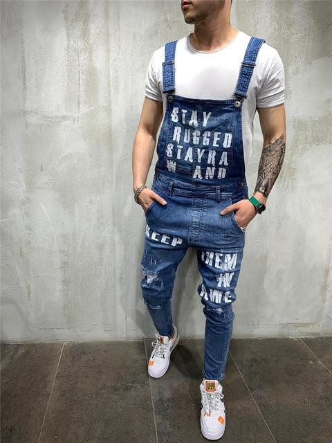 Fashion Men Ripped Jeans Jumpsuits Ankle Length Letter Printing Distressed Denim Bib Overalls
