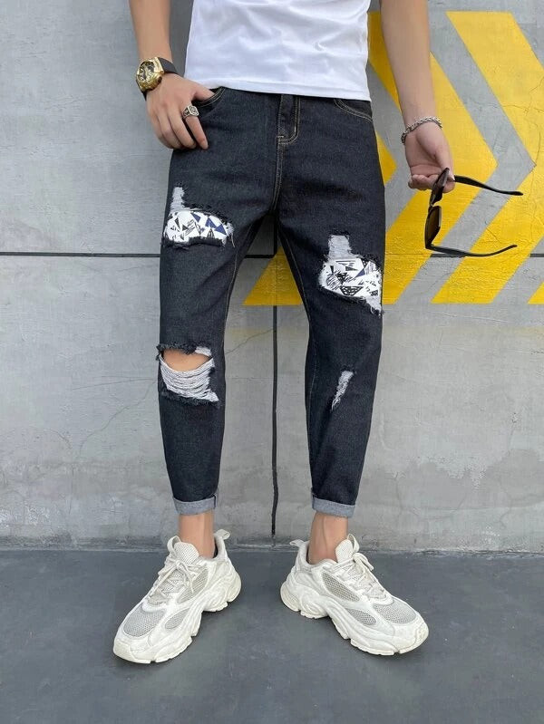 Men Contrast Panel Geo Print Ripped Frayed Tapered Jeans