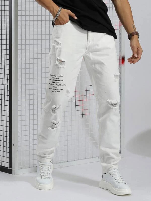 Men Slogan Graphic Ripped Frayed Jeans
