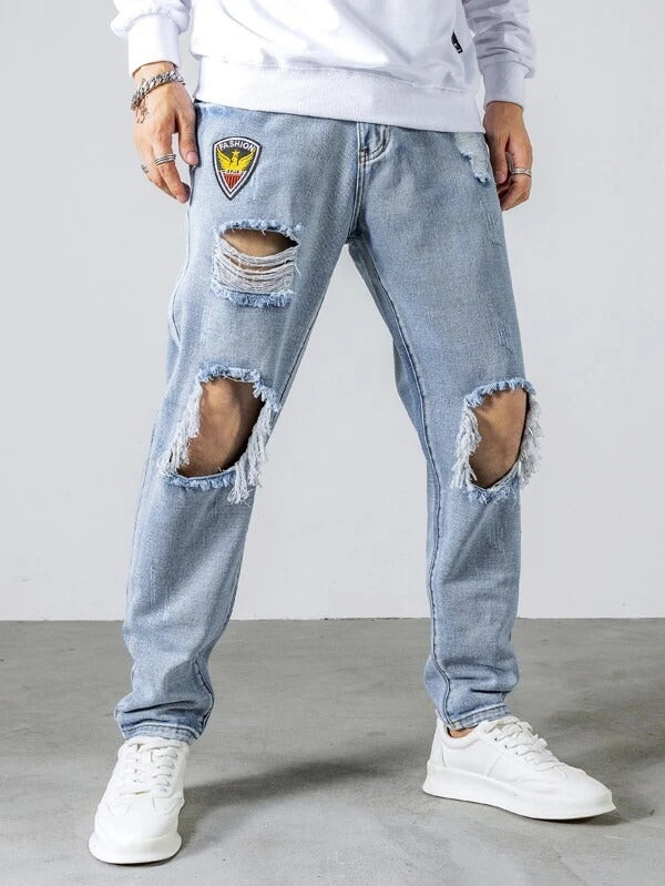 Men Patch Detail Ripped Cut Out Jeans