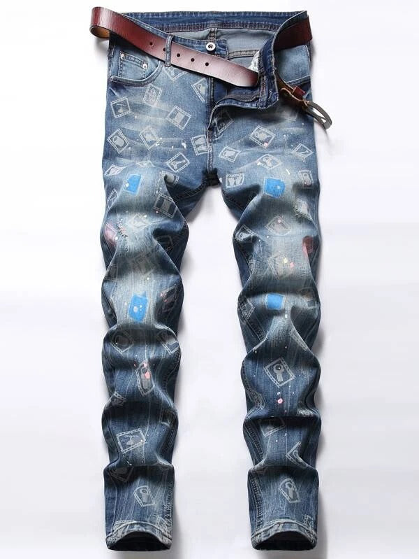 Men Graphic Print Skinny Jeans Without Belt